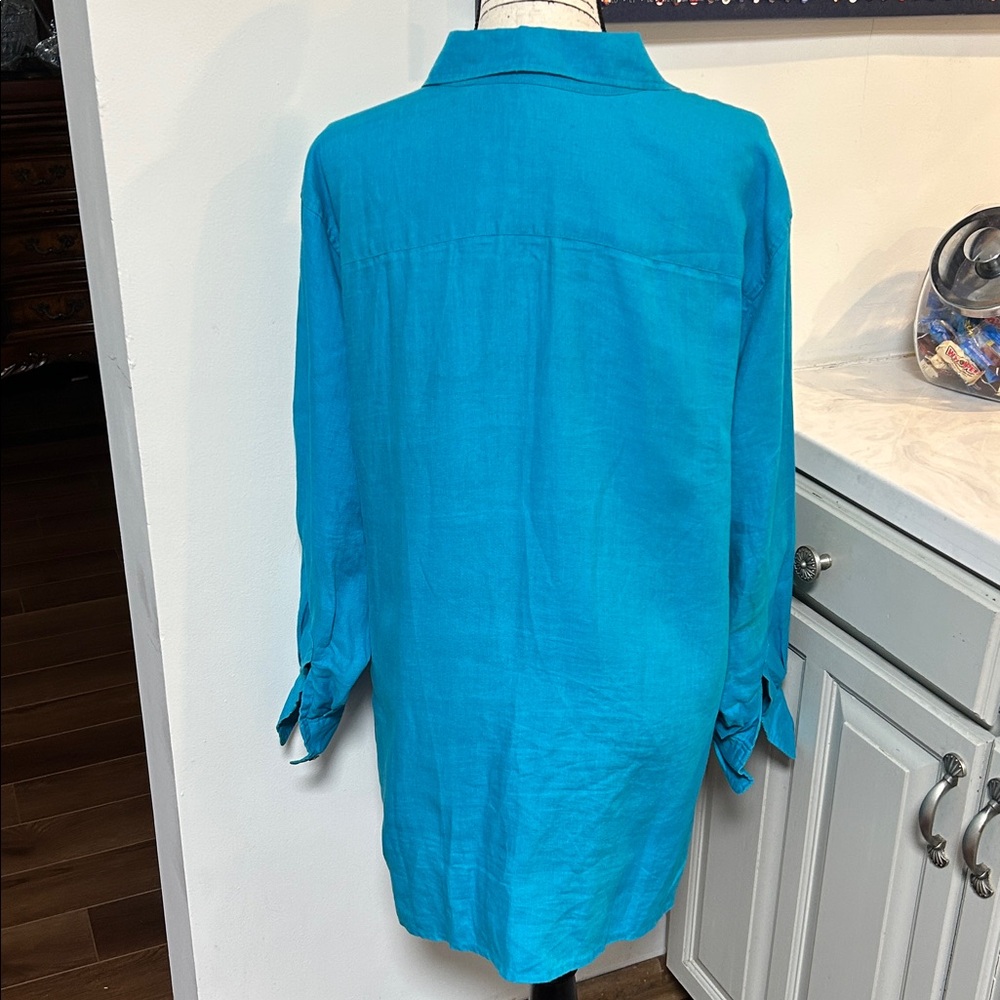 Elisabeth by Liz Claiborne Teal 100%Linen Shirt size 16 Beautiful button down - Picture 2 of 6